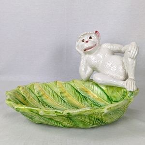 White Monkey on Green Leaf Ceramic Dish - Decorative Home Accent